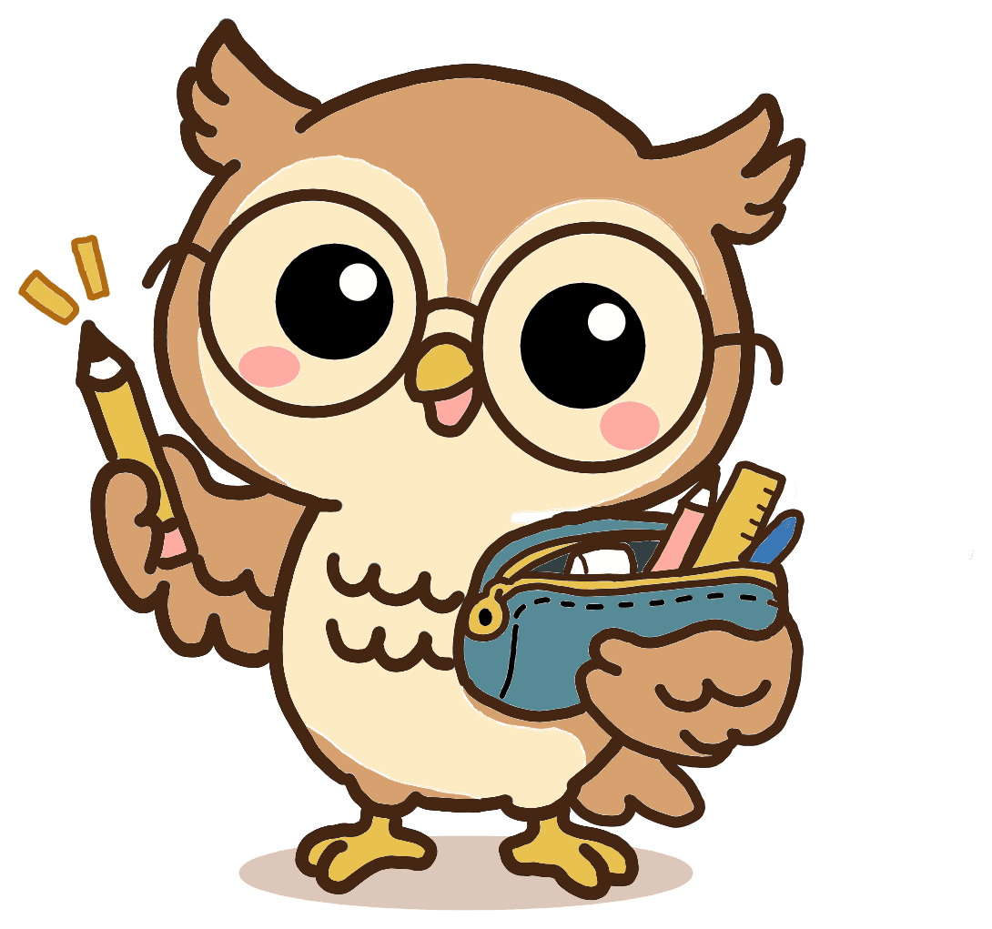 La mascotte de Trousse, un hibou, avec un crayon et une trousse
